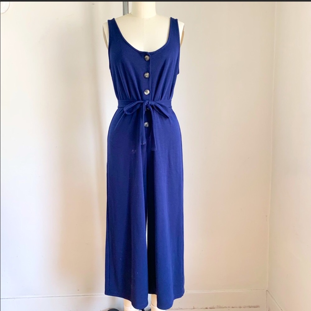 Urban Outfitters soft cotton jersey navy blue jumpsuit with waist tie